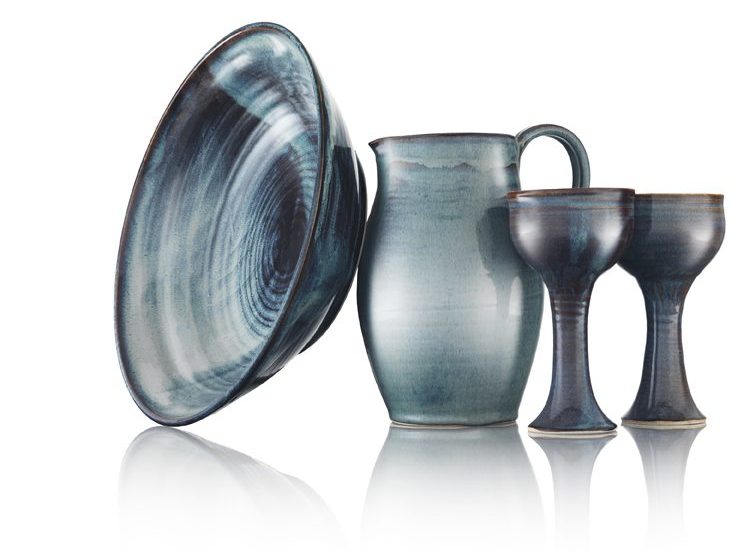 Blue large bowl, pitcher, and 2 goblets